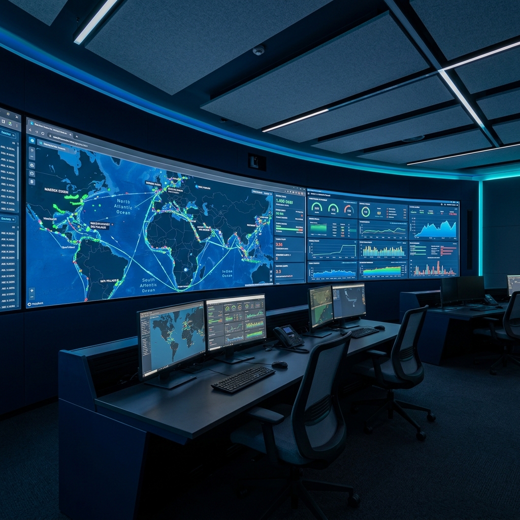 Maritime operations centre with vessel health monitoring screens