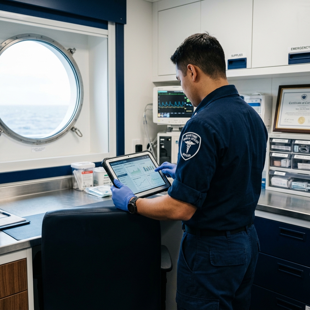 Maritime medical professional reviewing crew health data